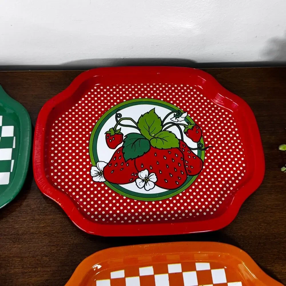 Vintage Giftco Small Rectangular Tin Trays Lot of 4 Fruits & Vegetables Retro